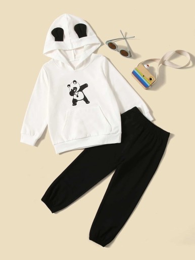 Baby girls' 3D panda print sweatpants and hoodie