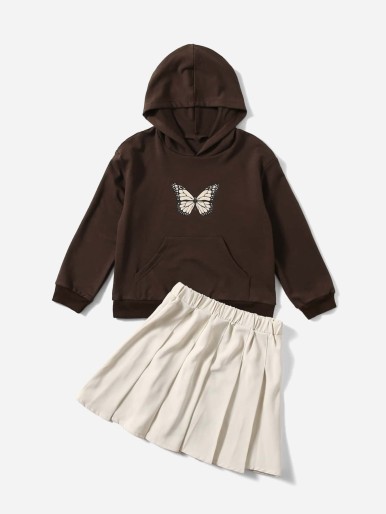 Girls Butterfly Print Kangaroo Pocket Hoodie & Pleated Skirt