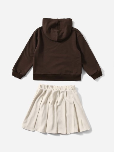 Girls Butterfly Print Kangaroo Pocket Hoodie & Pleated Skirt