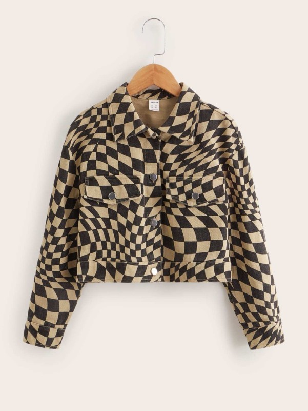 SHEIN Girls Flap Detail Argyle Print Jacket