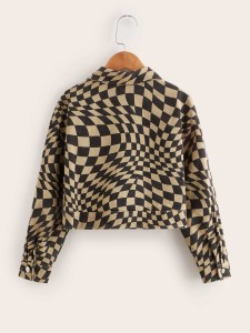 SHEIN Girls Flap Detail Argyle Print Jacket