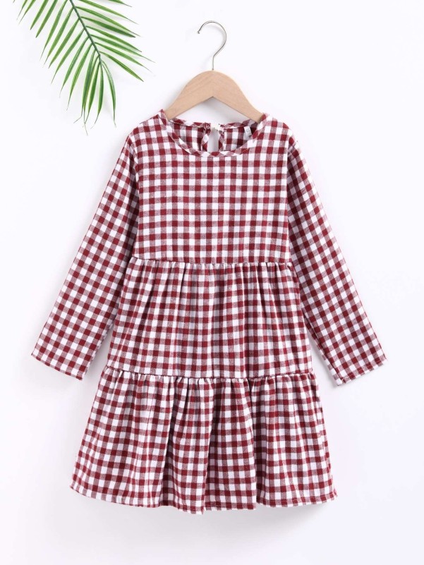 Girls Gingham Keyhole Back Ruffle Hem Dress