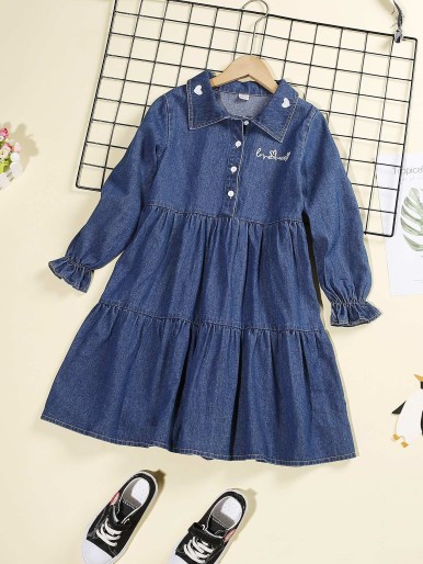 Girls Letter Embroidery Flounce Sleeve Ruffle Hem Denim Dress