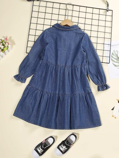 Girls Letter Embroidery Flounce Sleeve Ruffle Hem Denim Dress