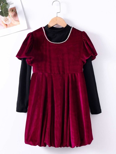 Girls Mock Neck Tee & Pearl Beaded Puff Sleeve Velvet Dress