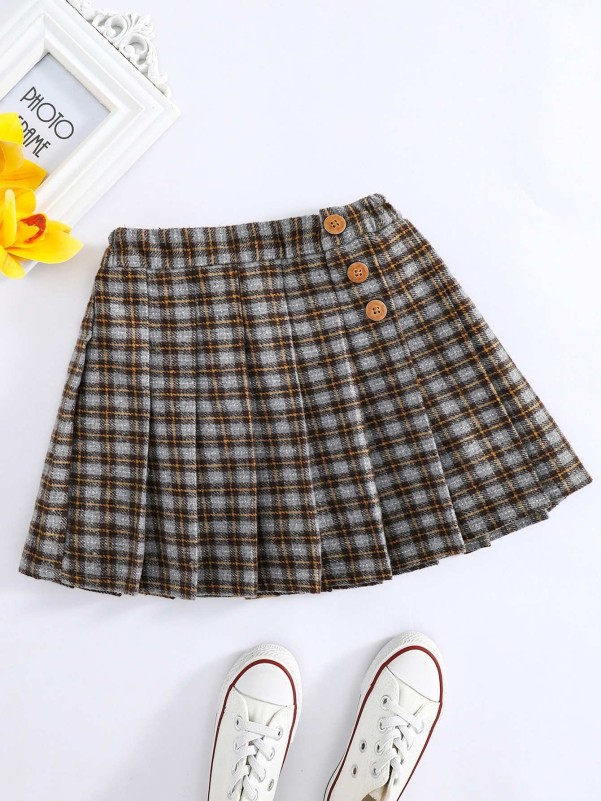 Girls Plaid Button Pleated Skirt