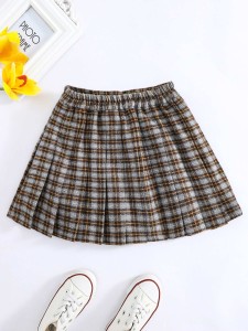 Girls Plaid Button Pleated Skirt