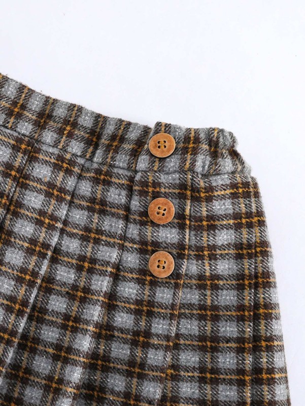 Girls Plaid Button Pleated Skirt