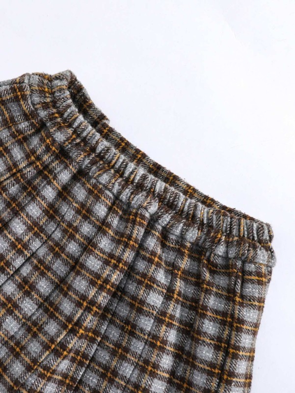 Girls Plaid Button Pleated Skirt