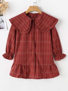 Girls Plaid Layered Statement Collar Flounce Sleeve Ruffle Hem Dress