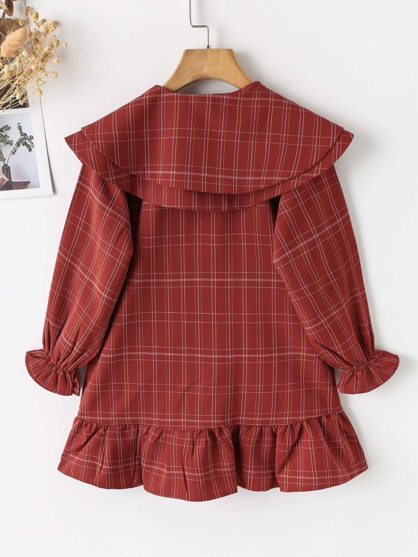 Girls Plaid Layered Statement Collar Flounce Sleeve Ruffle Hem Dress