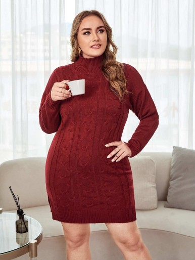 Plus High Neck Drop Shoulder Slit Hem Cable Knit Sweater Dress