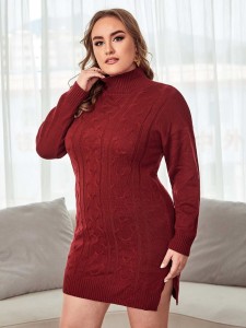 Plus High Neck Drop Shoulder Slit Hem Cable Knit Sweater Dress