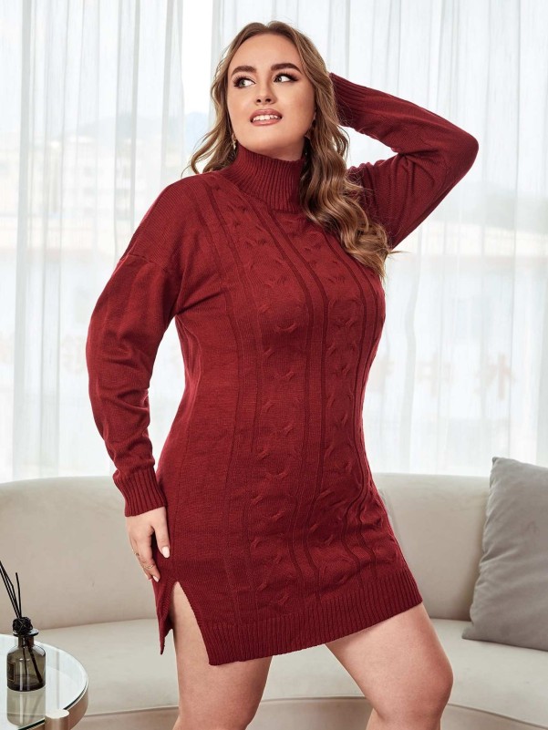 Plus High Neck Drop Shoulder Slit Hem Cable Knit Sweater Dress