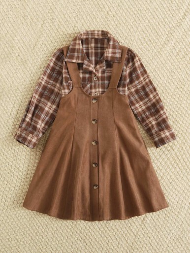 Toddler Girls 1pc Plaid Patched Pocket Blouse & 1pc Overall Dress