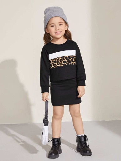 Toddler Girls Contrast Panel Leopard Pullover & Skirt