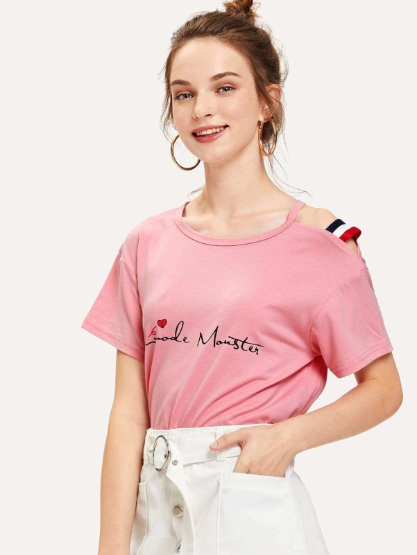 Cut Out Shoulder Letter Tee