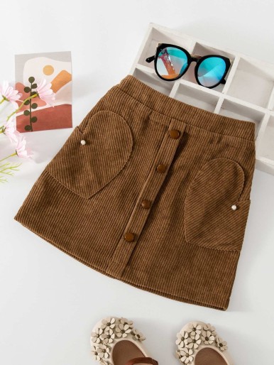 Toddler Girls Heart Patched Fake Button Corduroy Skirt