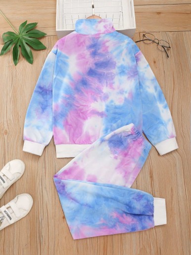 Girls Tie Dye Bear Print Zip-up Jacket & Sweatpants