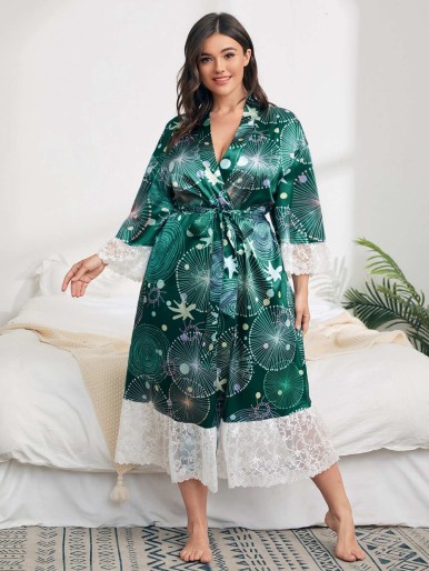 Plus Satin Graphic Print Lace Panel Belted Robe