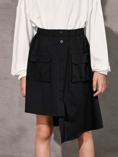 SHEIN Asymmetric Simple Button Casual Girl Skirt