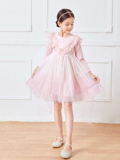 Girls Flower Embroidered Ruffle Trim Star Mesh Gown Dress