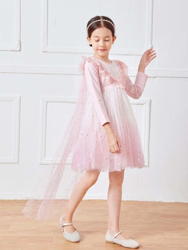 Girls Flower Embroidered Ruffle Trim Star Mesh Gown Dress