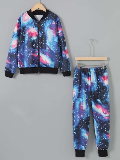 Girls Galaxy Print Bomber Jacket & Sweatpants