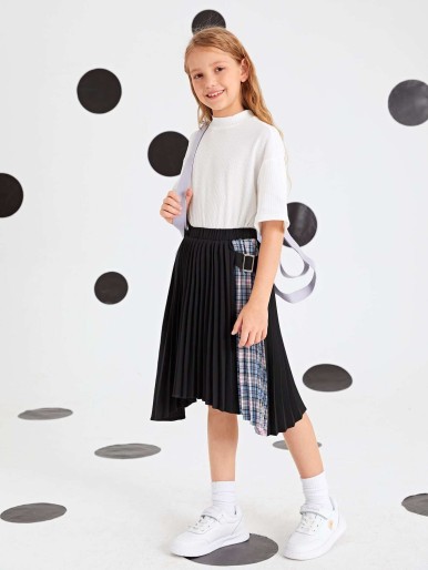 SHEIN Girls Buckle Belted Pleated Skirt