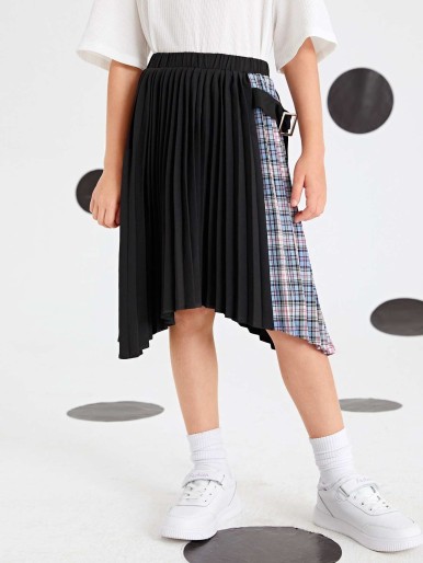 SHEIN Girls Buckle Belted Pleated Skirt