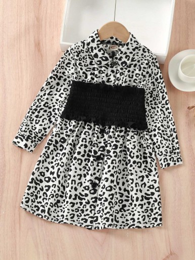 فستان قميص بأجزاء مزخرفة بنقشة جلد الفهد للفتيات الصغيرات