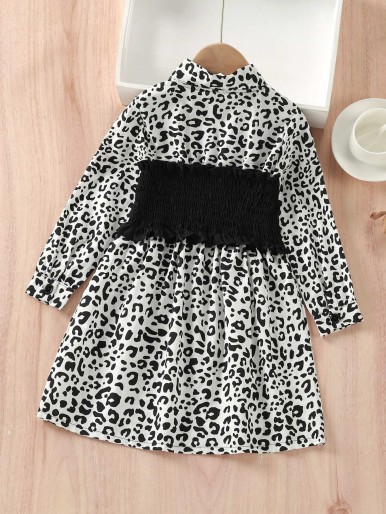Little Girls Leopard Shirred Trim Shirt Dress