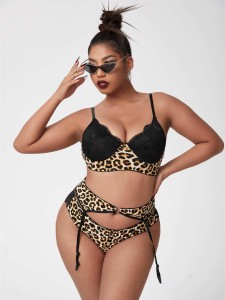 3pack Plus Leopard Underwire Garter Lingerie Set