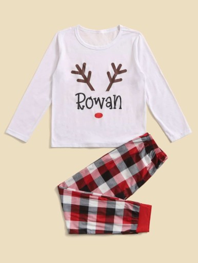 Boys 1pc Christmas Print Sleep Top & 1pc Plaid Sleep Pants