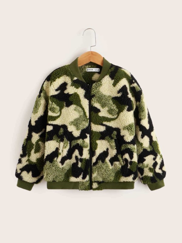 SHEIN Boys Camo Print Zip Up Teddy Bomber Jacket