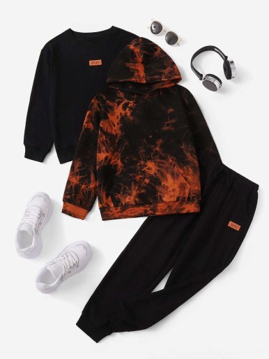 SHEIN Boys Tie Dye Patched Detail Pullover & Hoodie And Sweatpants