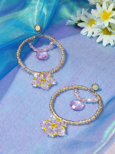 Crystal Flower Decor Beaded Drop Earrings