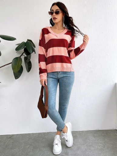 SHEIN Drop Shoulder Ribbed Knit Colorblock Sweater