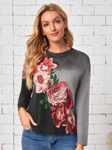 SHEIN Floral & Ombre Pattern Sweater