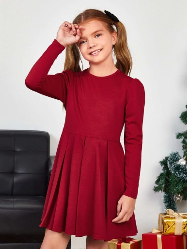 SHEIN Girls 1pc Solid Fold Pleated Hem Dress