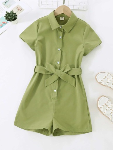 Girls Button Front Belted Romper