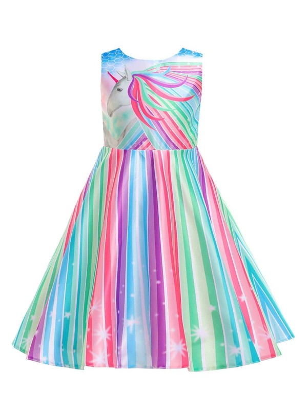 Girls Colorful Striped & Unicorn Print Tie Back Gown Dress