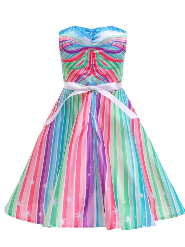 Girls Colorful Striped & Unicorn Print Tie Back Gown Dress