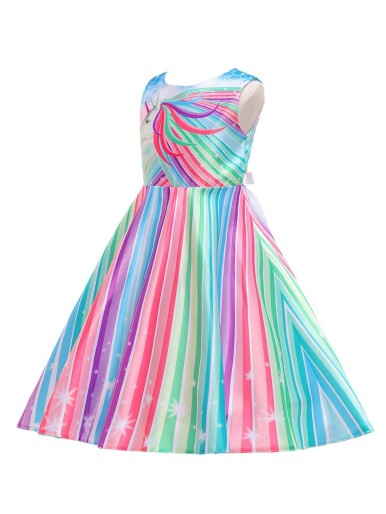 Girls Colorful Striped & Unicorn Print Tie Back Gown Dress