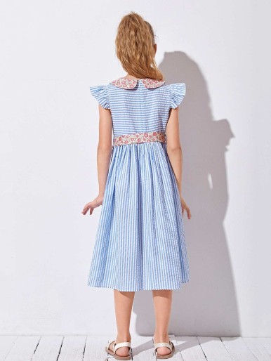 SHEIN Girls Contrast Ditsy Floral Peter-pan-collar Self Belted Striped Dress