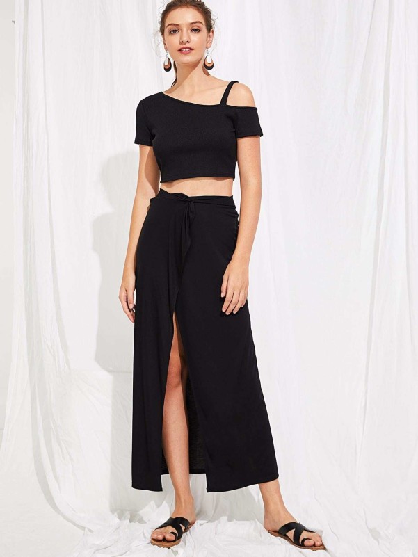 Open Shoulder Solid Crop Top