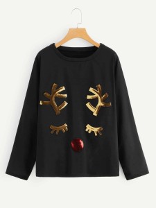 Plus Contrast Sequin Christmas Print Tee