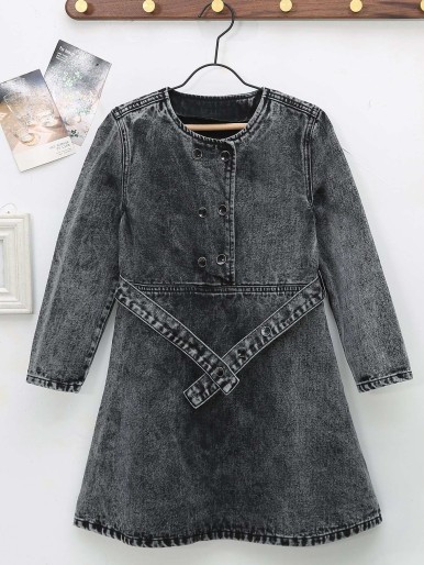 Girls Double Breasted Belted Denim Dress