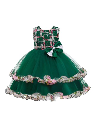 Girls Embroidery Detail Applique Bow Front & Back Ruffle Trim Gown Dress