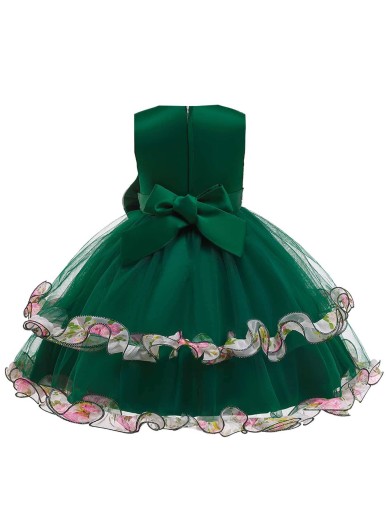 Girls Embroidery Detail Applique Bow Front & Back Ruffle Trim Gown Dress